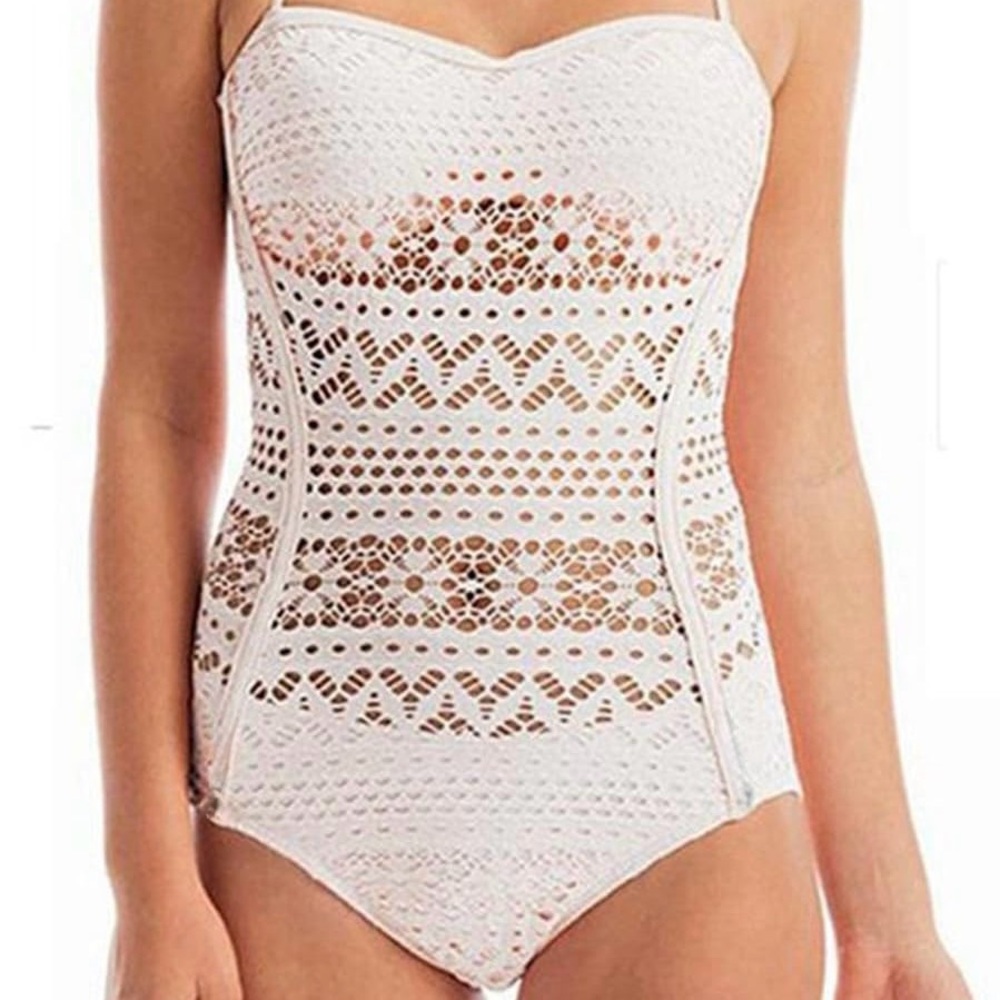 White Crochet Lace One-Piece Strapless Bandeau Style Swimsuit NWT